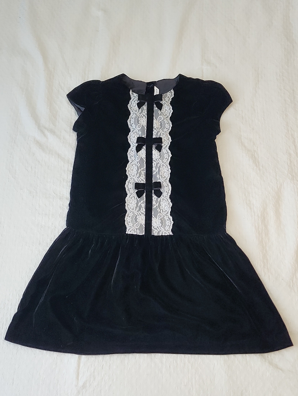 NWT Janie and Jack Black Velvet Bow Dress Lace Trim Size 12